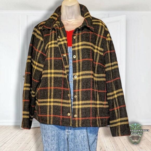 VINTAGE Lemon Grass Wool Blend Plaid Oversized Shacket Flannel Jacket, XL - Picture 4 of 5